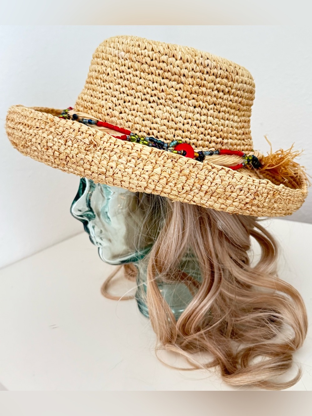 EUC Rare Chicos Natural Straw Boater Hat with Colorful Bead Trim - Women